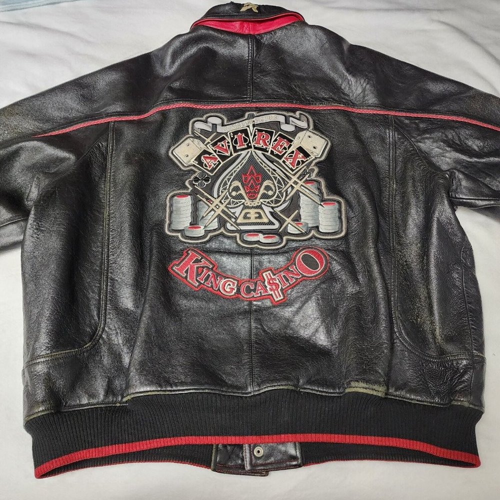 90s AVIREX KING CASINO All Leather Stadium Jacket Leather Cards Vintage Bomber